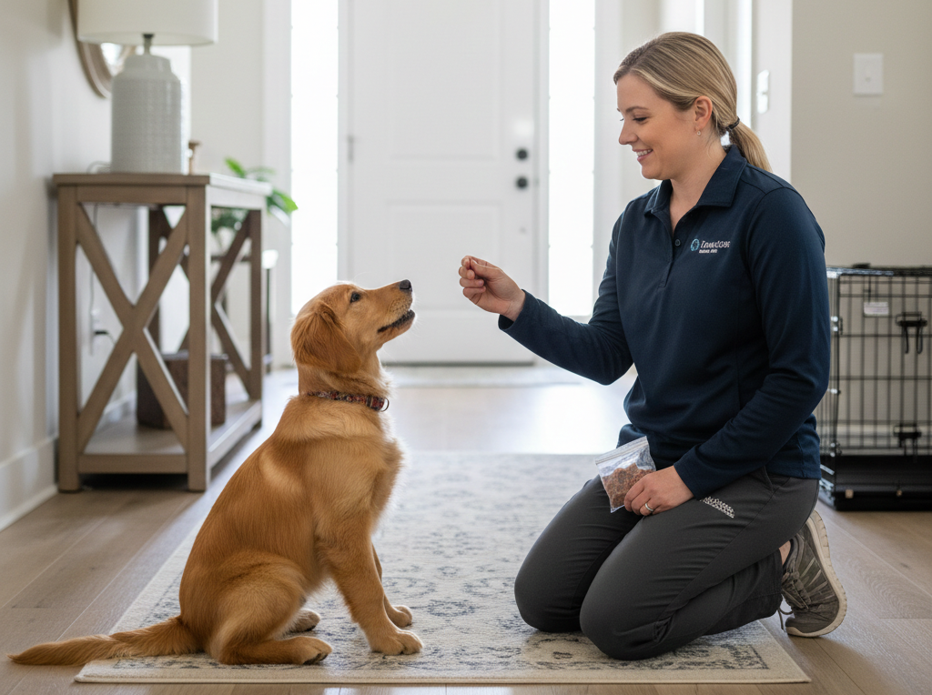 Professional dog walker starting a puppy potty visit in a residential home hallway.