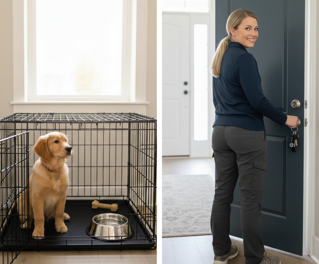 Efficiency in puppy potty visits: managing water refills, crate resets, and home security.