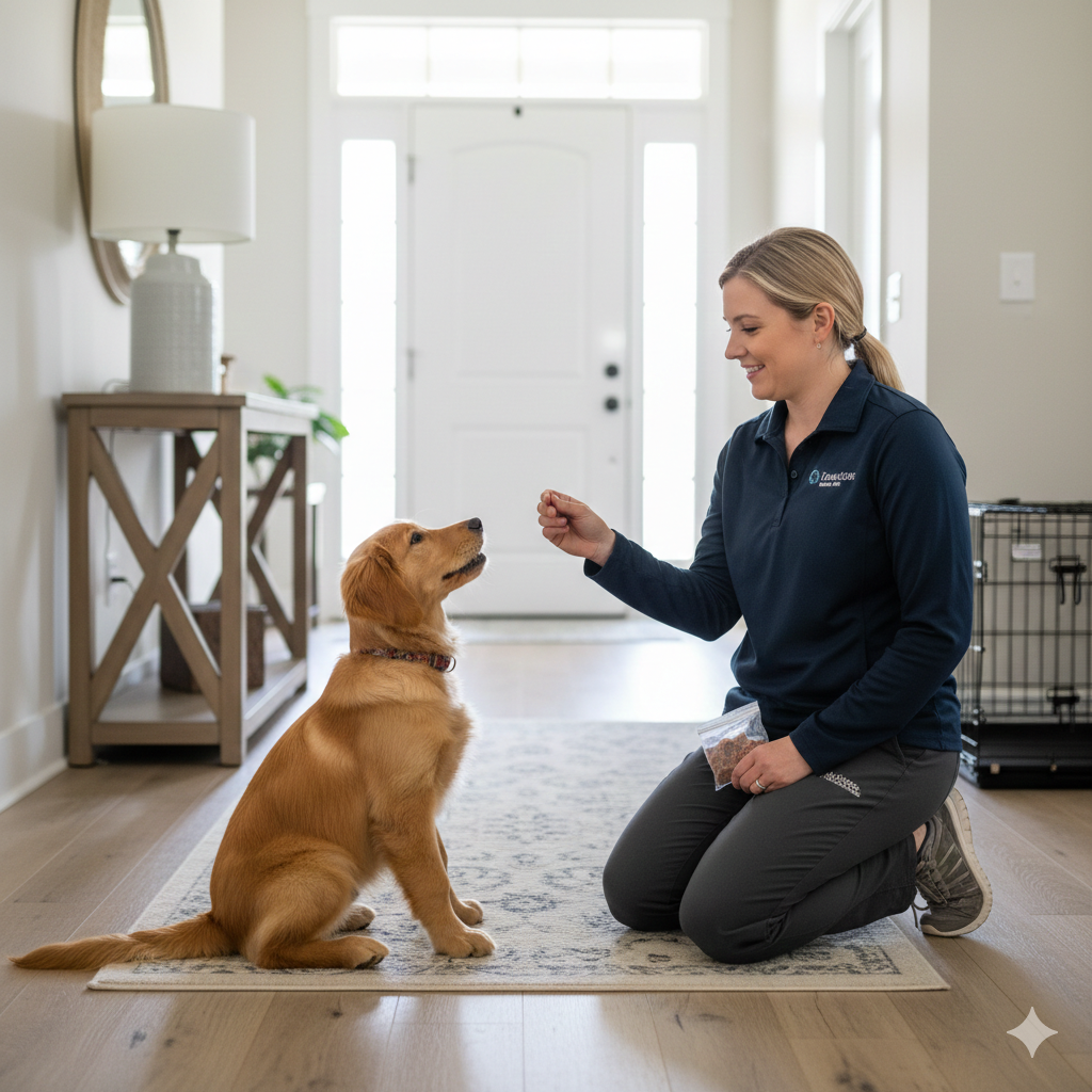 Professional dog walker starting a puppy potty visit in a residential home hallway.