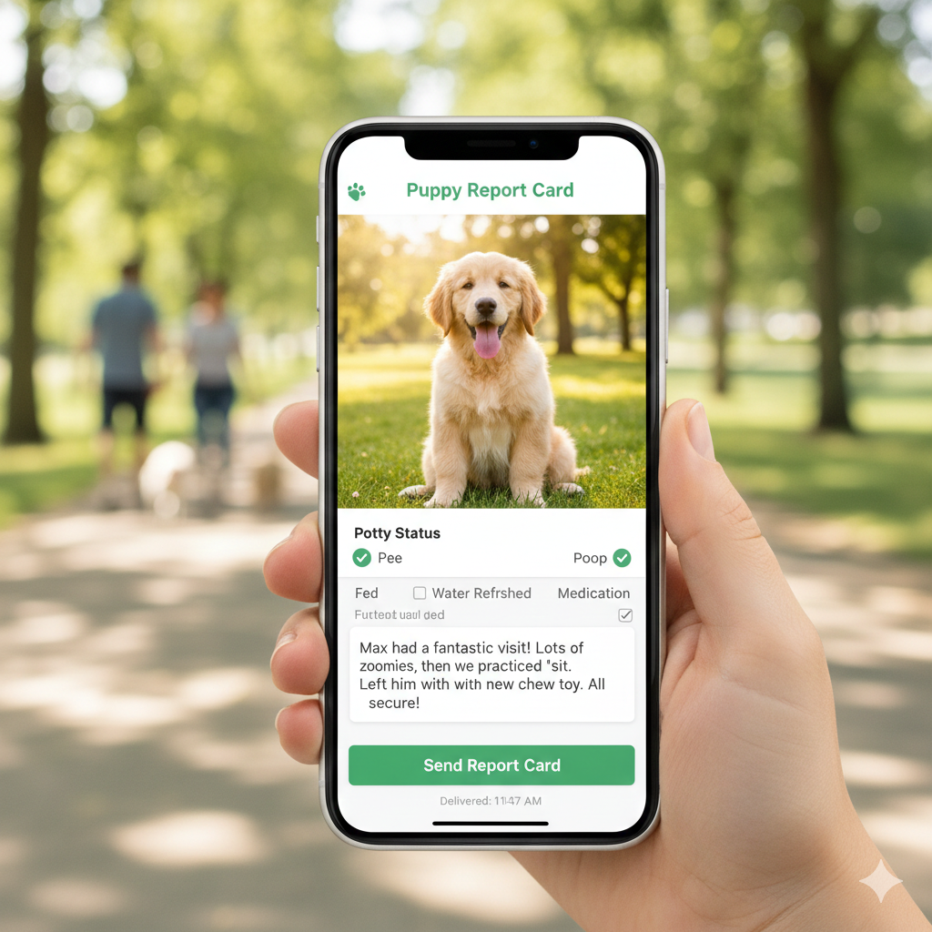 Puppy potty visit report card on a smartphone with GPS tracking and status updates.