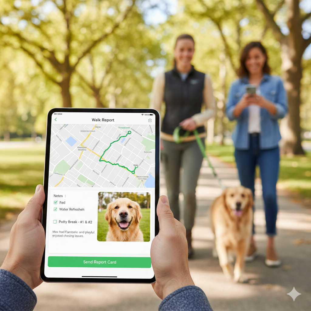 GPS-tracked dog walk update with route map photo and notes